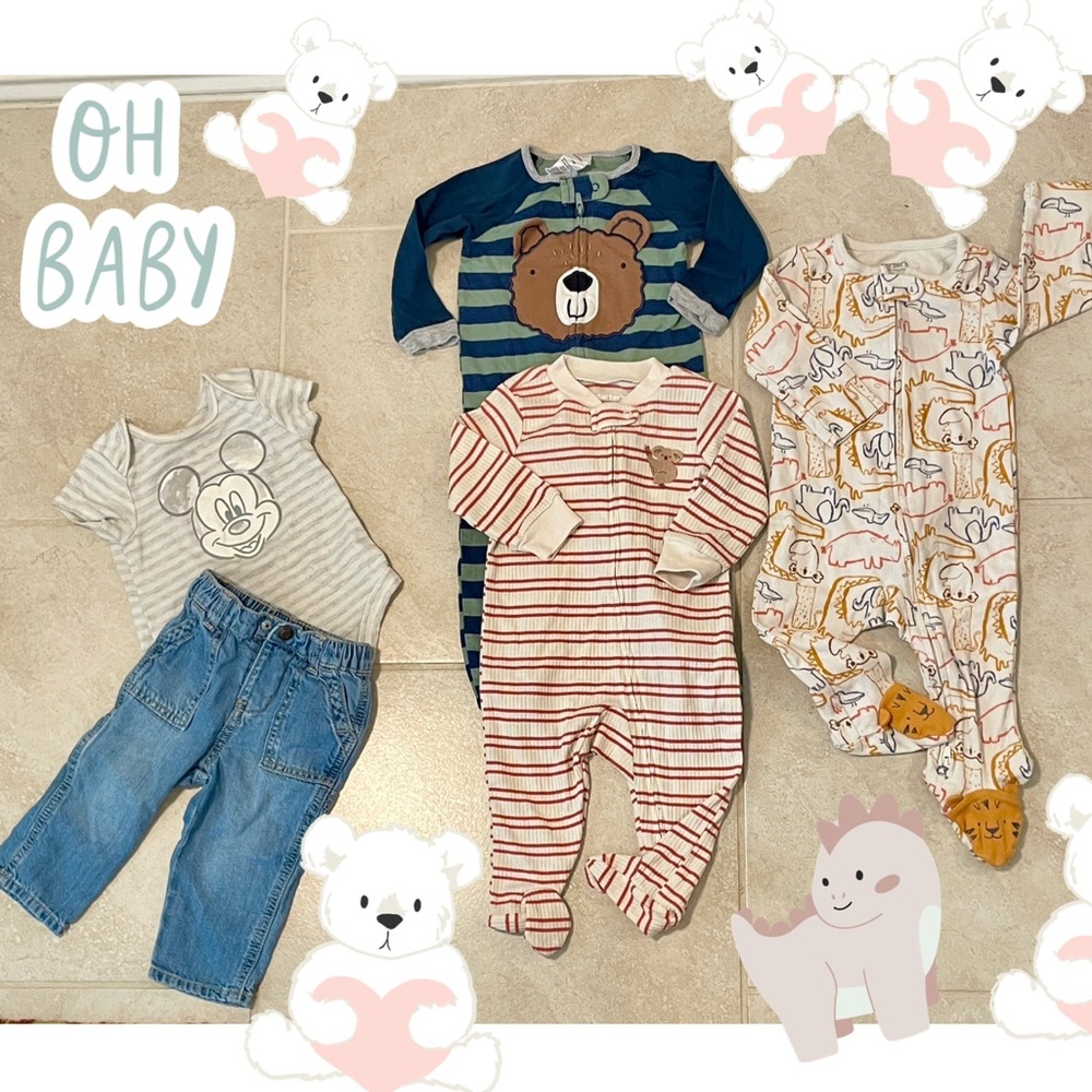 9 pcs 4 Like New Baby Boy Outfits /Jumpers, jeans & Mickey onesie One Piece 6-9M